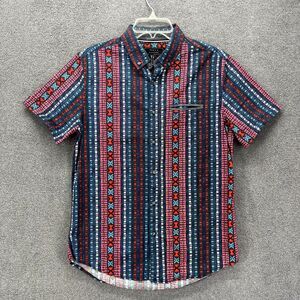 21 Men Shirt Small Blue Red Button Down Classic Fit Short Sleeve Striped pocket